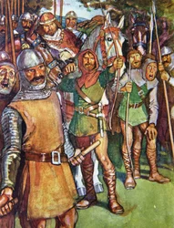 "Locksley astui määrätylle asemalle ja ampui nuolensa", kuvitus "Ivanhoe For Boys and Girls" -julkaisusta, Alice Jackson, pubi. 1924